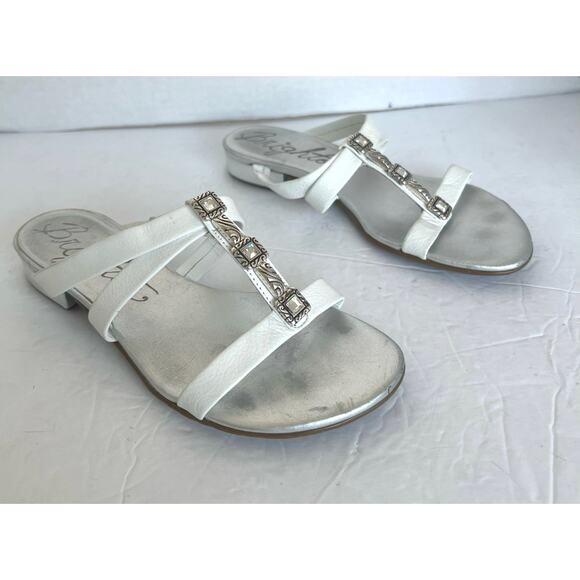 Brighton Nassau Leather White and Silver Strappy Slip On Slide Sandals Size 6 - Picture 3 of 9
